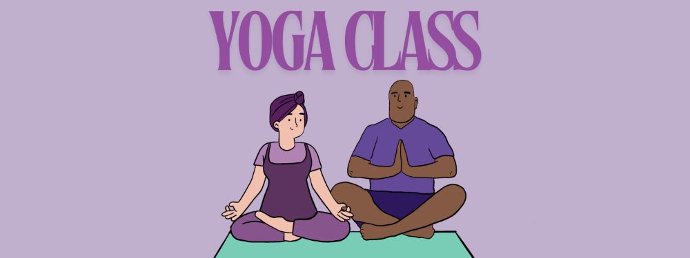 two people doing yoga with text yoga class