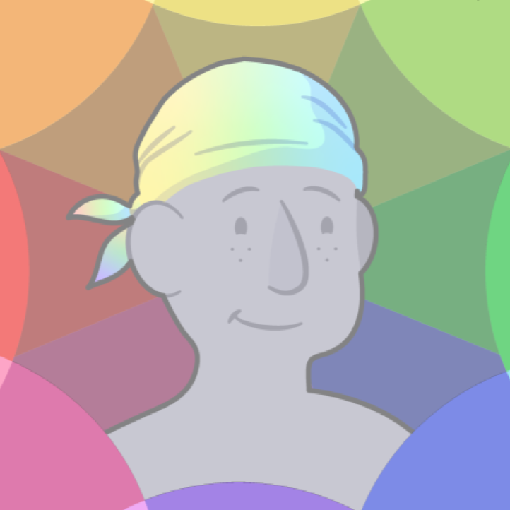 headshot of BOW, an illustrated person smiling and wearing a rainbow head scarf